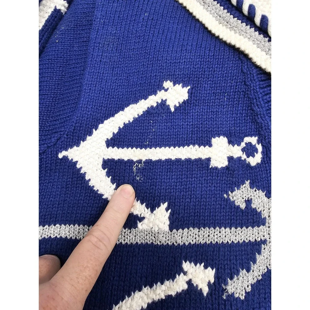 Vintage Berek 2 Cardigan Sweater Womens‎ Medium Blue Anchor Nautical Knit Stars
